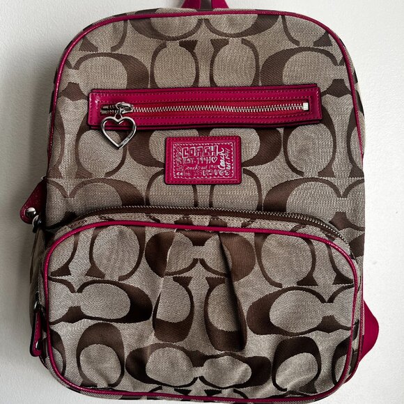 Coach Pink Leather and Brown Canvas Monogram Backpack - Picture 1 of 12